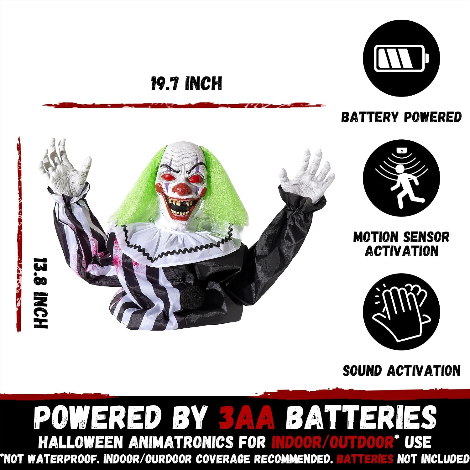 Halloween Animatronics Clown Decorations Outdoor, Animated Groundbreaker Clown Scary Talking Clowns with Sound & Motion Activated, Lighted Eyes, Creepy Sound, Movable Arms for Graveyard Haunted House