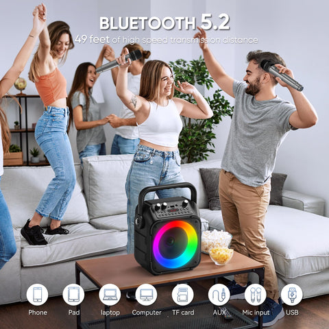 Karaoke Machine, Portable Bluetooth Speaker with 2 Wireless Microphones for Adults & Kids with Lights, Karaoke Microphone with PA System Supports USB/TF/REC/FM/AUX for Home Party