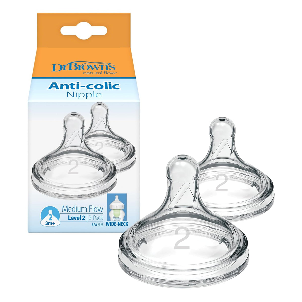 Dr. Brown’s Wide-Neck Level 2 Medium Flow Nipple, 3m+, 2-Pack