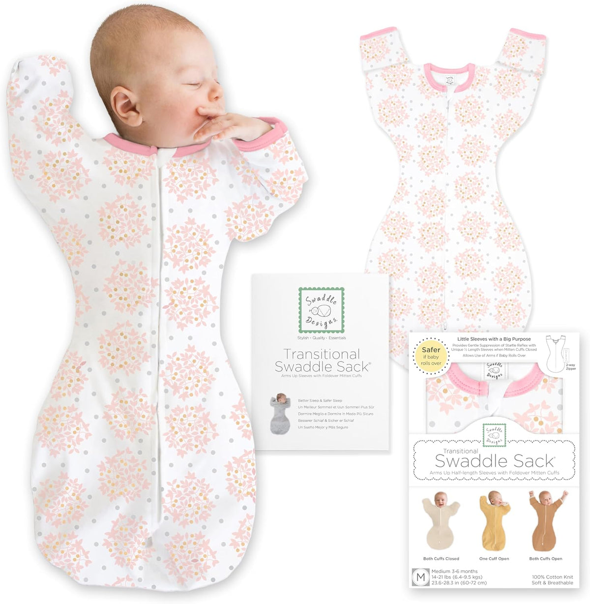 SwaddleDesigns Transitional Swaddle Sack, Arms Up Half-Length Sleeve & Mitten, Most Gradual Transition Swaddle for Newborn