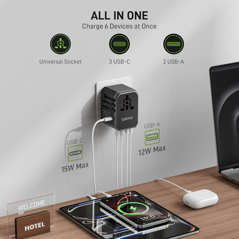 EPICKA Universal Travel Adapter with 1AC/3 USB-C/2 USB-A Ports