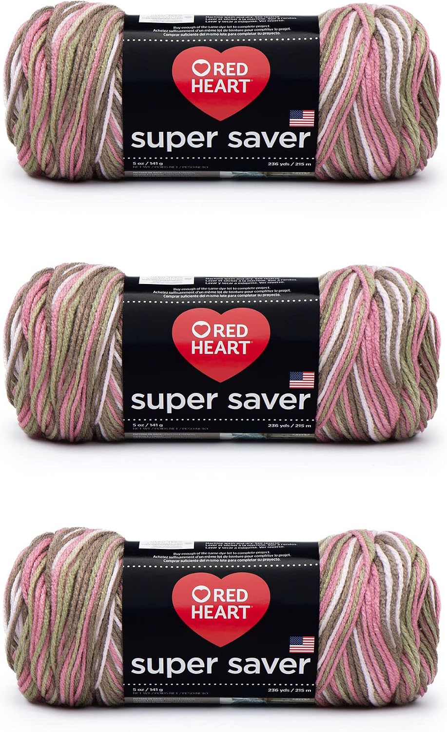 Red Heart Super Saver Yarn, 3 Pack, Pink Camo 3 Count