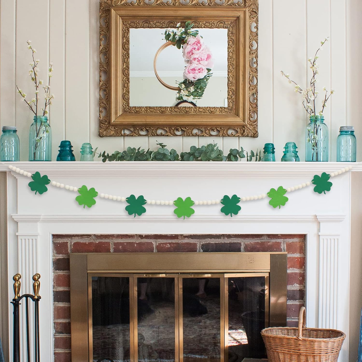 DAZONGE St. Patrick's Day Decorations, Wood Bead Shamrock Garland for St. Patrick's Day Decor, Lucky Felt Shamrock Garland for Mantel Wall Decor