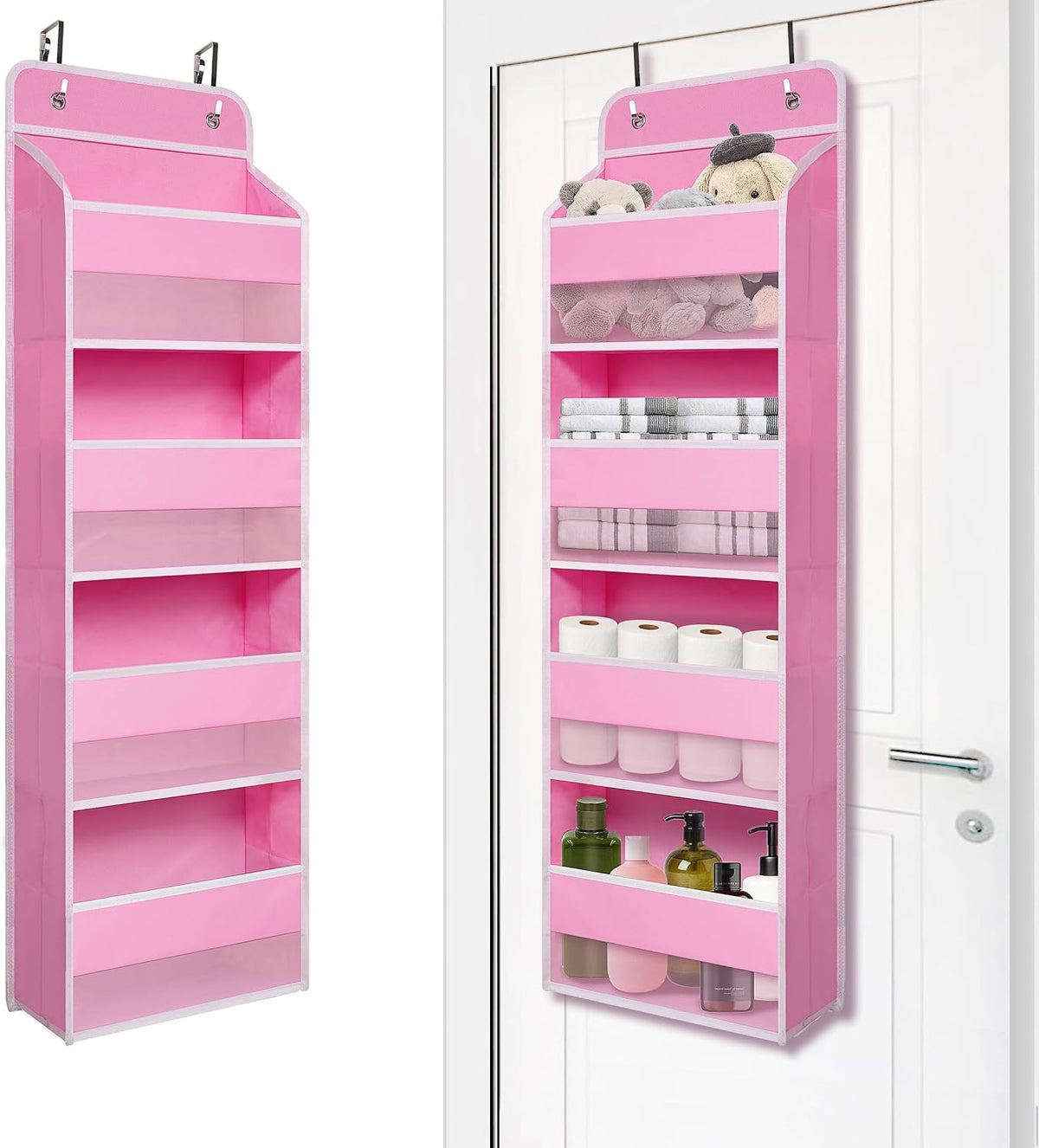 Giraffe Creation Pink Over Door Organizer with 4 Front Pockets, Compact Hanging Door Storage for Nursery, Bedroom, Bathroom, Closet, Baby Essentials