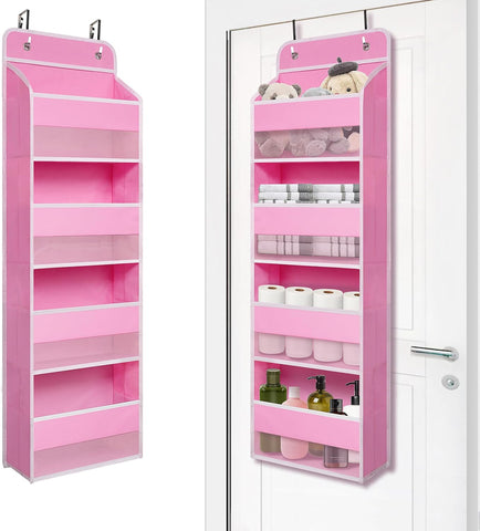 Giraffe Creation Pink Over Door Organizer with 4 Front Pockets, Compact Hanging Door Storage for Nursery, Bedroom, Bathroom, Closet, Baby Essentials