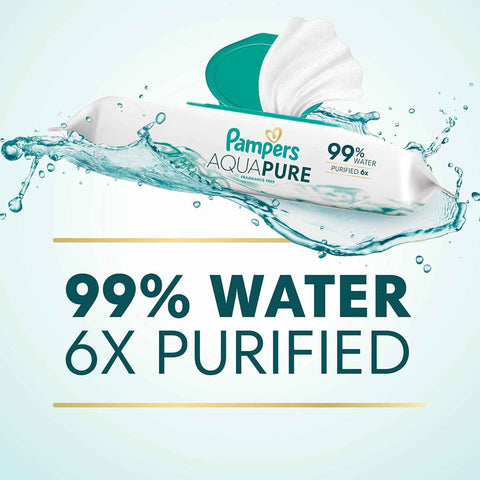 Pampers Aqua Pure Baby Wipes, 99% Water, Fragrance Free, Unscented, Water Based, Multi-Use, 336 Wipes Total (6X Flip-Top Packs) [Packaging May Vary]