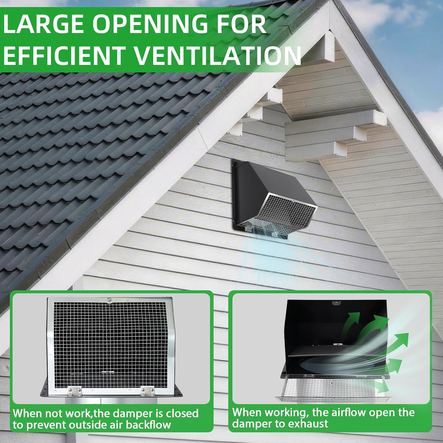 10 Inch Hooded Wall Vent with Screen and Damper,Outdoor Wall Exhaust Vent Cover Cap for Kitchen Range Hood HVAC Duct Dryer Ventilation&Outside Exterior Mount,Galvanized Steel,Black