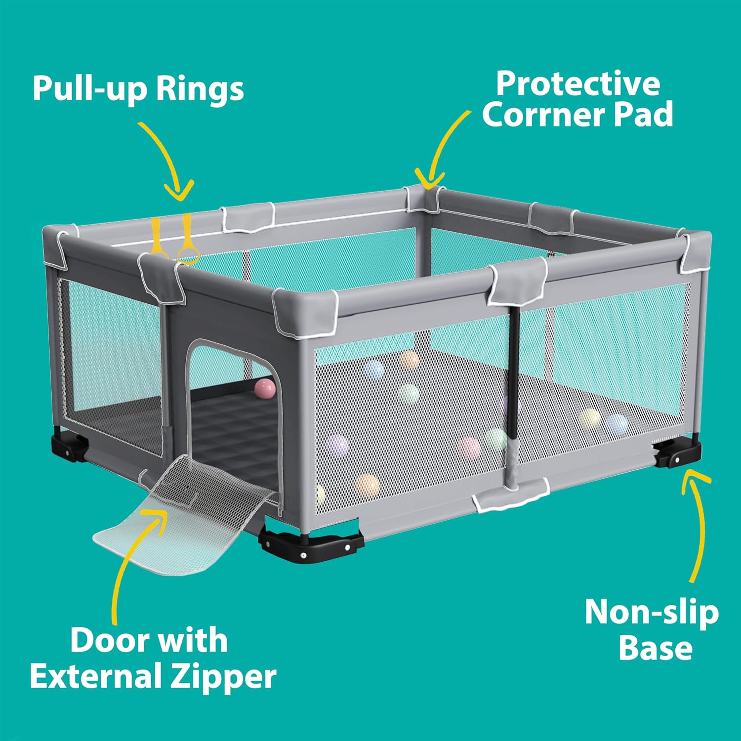 ICAREWAY Foldable Playpen for Babies and Toddlers, 71"x59" Inches Portable Playpen with Mat, Kids Collapsible Play Pen with 2 Handlers, Indoor & Outdoor Baby Play Area with Visible Mesh (Light Gray)