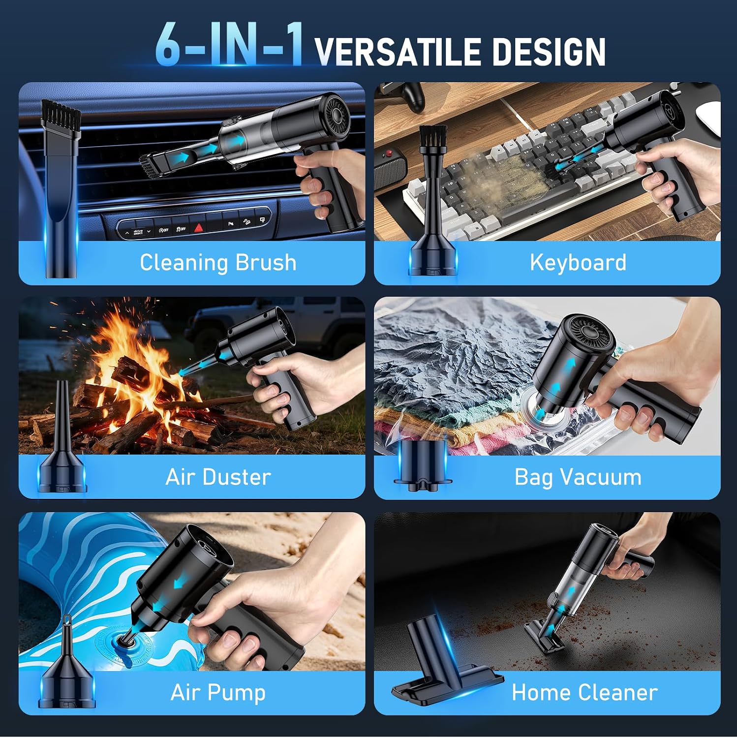 Car Vacuum Portable Cordless, 35000Pa High Power Brushless Motor Handheld Vacuum, 6-in-1 Rechargeable Mini Cleaner with Air Duster for Car, Home, Pet Hair, Keyboard, Grey