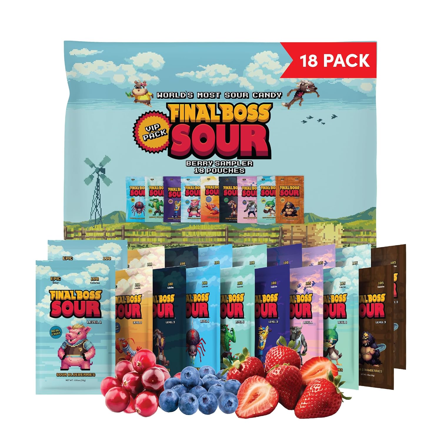 Final Boss Sour Fruit Candy, Berries Variety, All Levels, 18 Pack