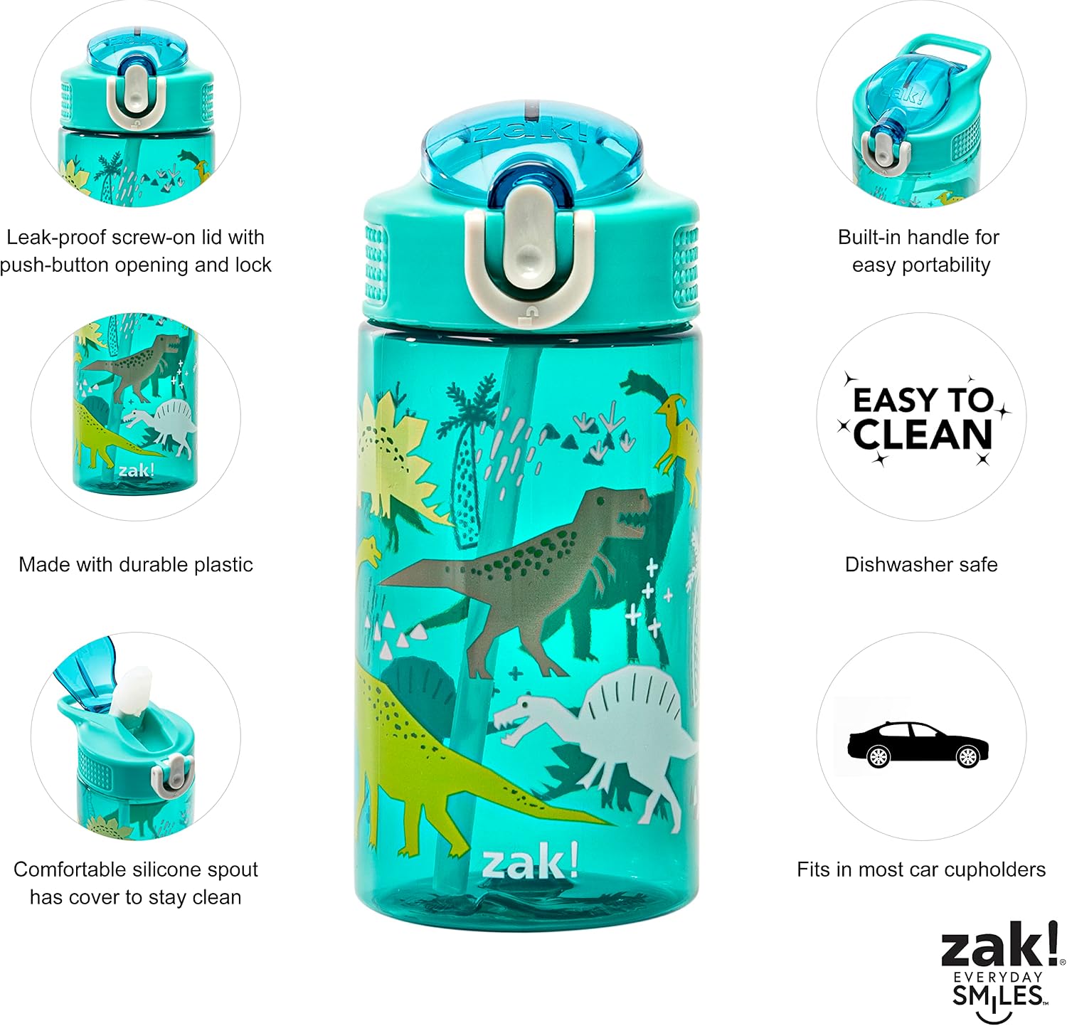 Zak Designs Dinosaur 16oz Leak-Proof Straw Kids Water Bottle, Plastic
