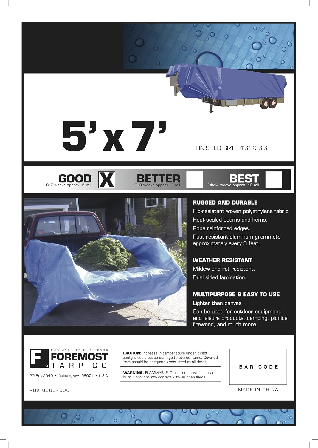 Dry Top Multi-Purpose Economy Poly Tarp, 5x7 Feet, Blue