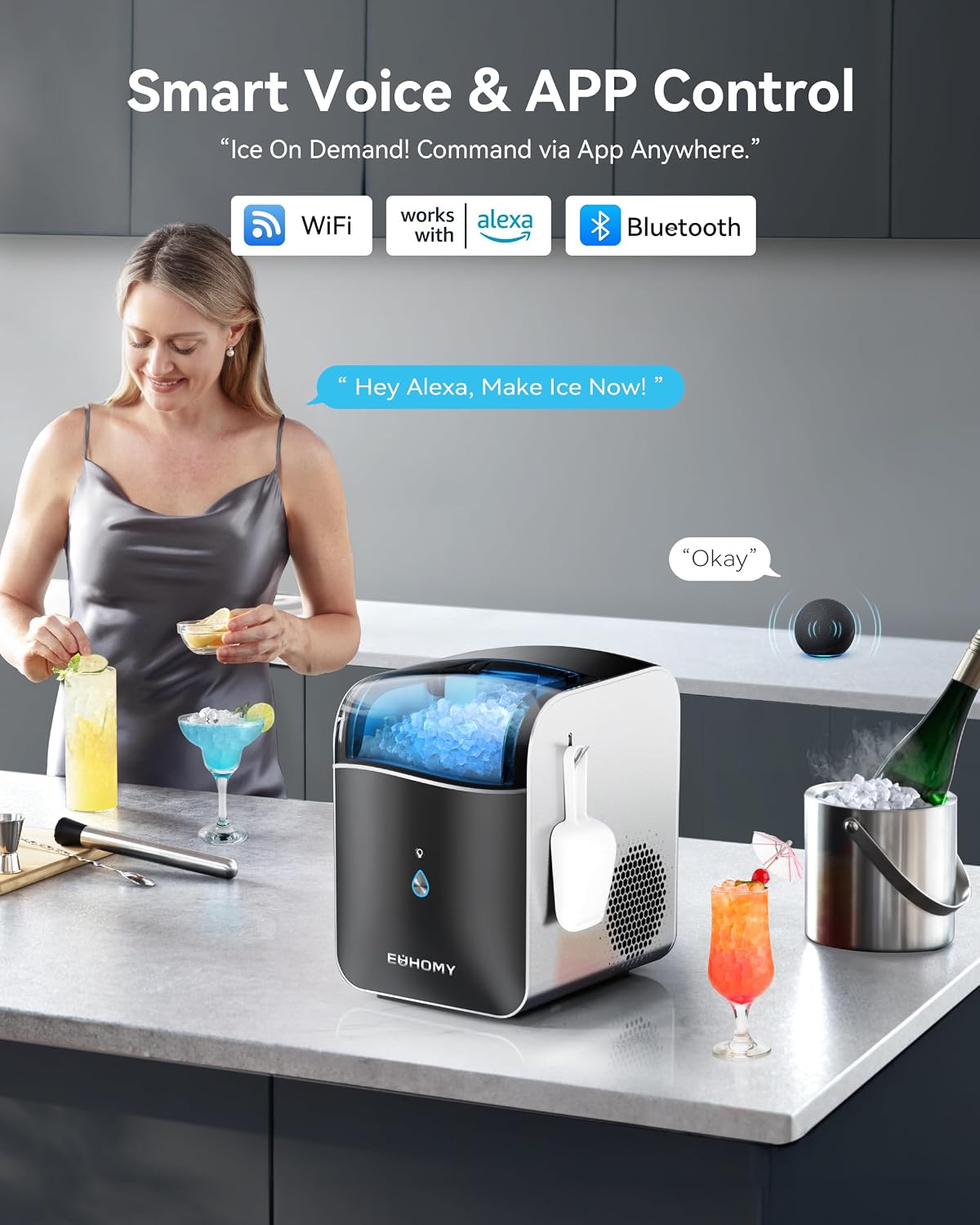 EUHOMY Smart Nugget Ice Maker Countertop, Pebble Ice Maker Machine with APP/Alexa Control, 40lbs/24H, Ready in 7 Mins, Self-Cleaning, Portable Sonic Ice Makers with Hanging Ice Scoop for Home/Office