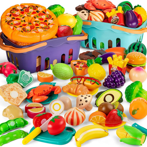 115 Pcs Cutting Play Food Toy for Kids with 2 Colors Storage Baskets