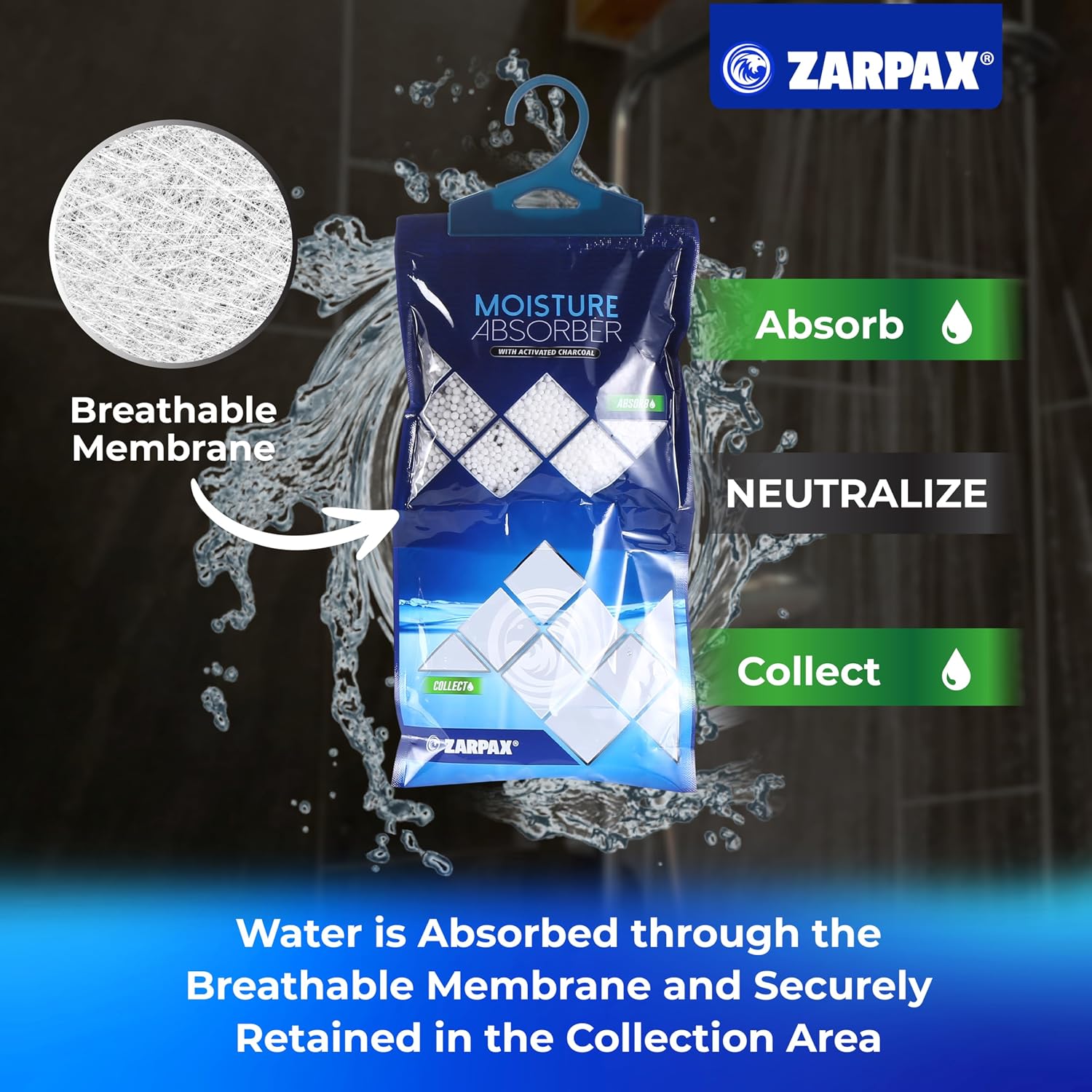 ZARPAX Hanging Moisture Absorber Bags Activated Charcoal 10.5oz - Set of 10