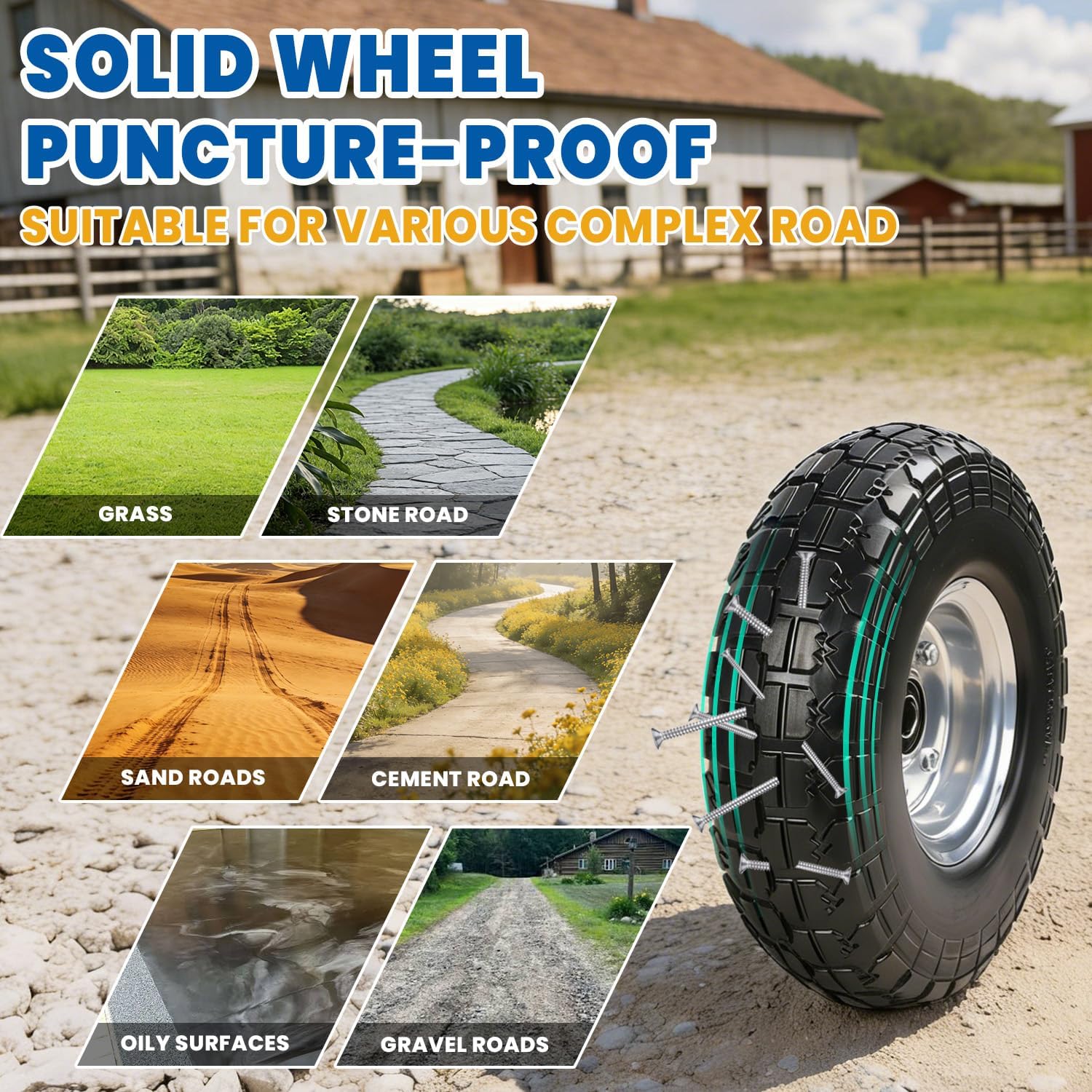 4.10/3.50‑4 Flat‑Free Tire and Wheel, 5/8" Axle Bore, 10in Solid Tire