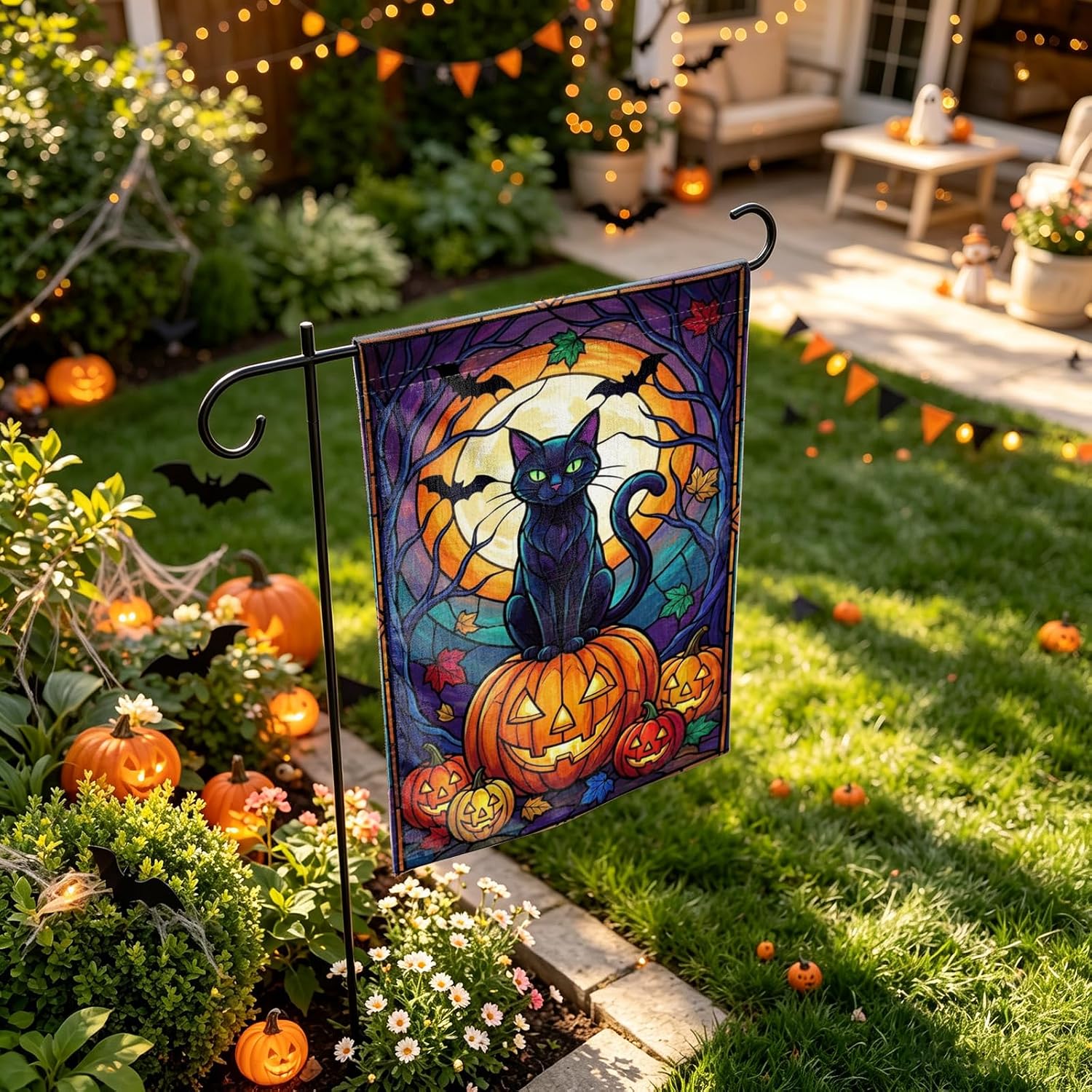 Halloween Black Cat Garden Flag 12x18 Inch Spooky Pumpkin Outdoor Yard Flag