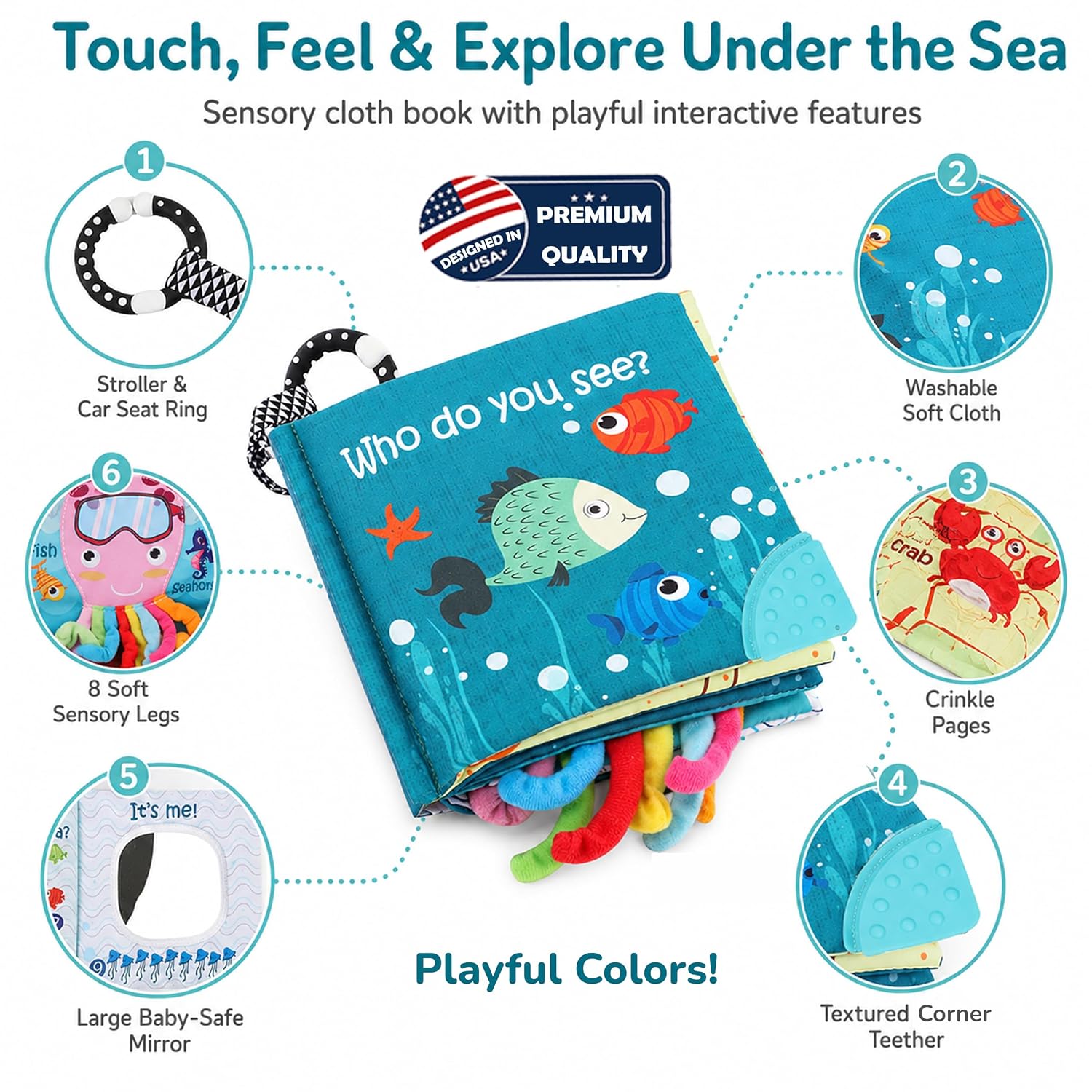 Fish Baby Books Toys, Touch Feel Cloth Crinkle Books for Babies,Baby Infant Toys 0-6, 6-12,12-18 Months,Newborn,Early Learning Education, Baby Gifts Shower for Boys Girls,Teething, Mirror,Shark Ocean