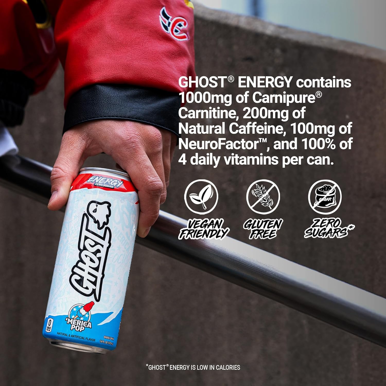 GHOST Energy Drink, Zero Sugars, 12-Pack, 'Merica Pop, 16oz