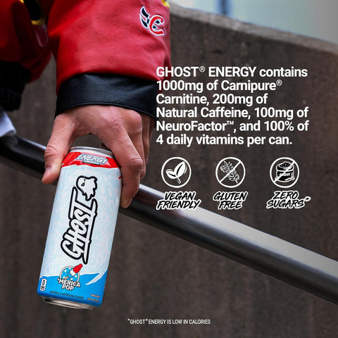 GHOST Energy Drink, Zero Sugars, 12-Pack, 'Merica Pop, 16oz