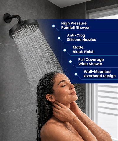 GURIN Shower Head - Luxury Matte Black Finish - Rain Showerhead 6 Inch