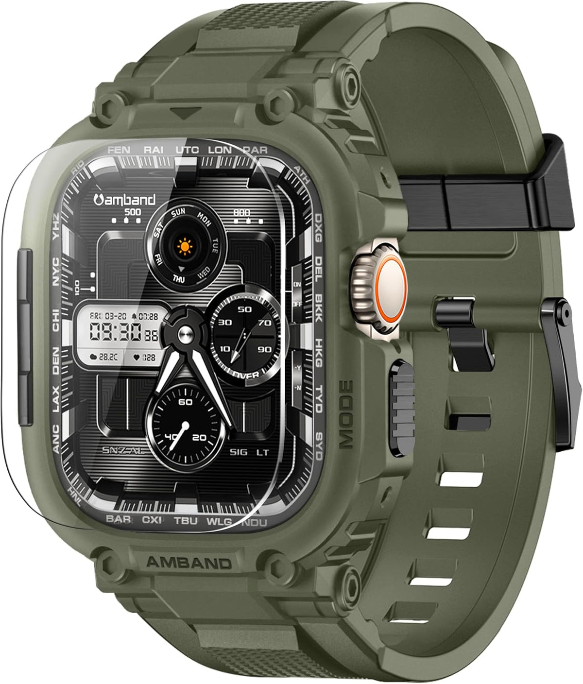 amBand Bands Case Screen Protector Compatible with Apple Watch Ultra 3/2/1 49mm, M1 Sport Series Rugged Cover Strap and 9H Tempered Glass Film, Protective Bumper for iWatch 49 mm Men Army Green