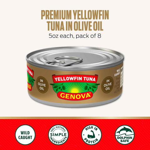 Genova Premium Yellowfin Tuna in Olive Oil, 5 Ounce Cans (Pack of 12), Wild Caught Canned Tuna, Solid Light