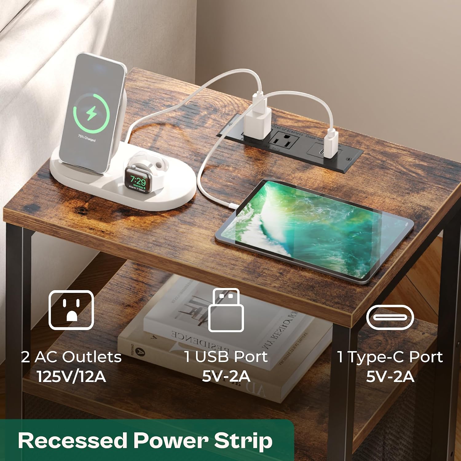 Huuger Nightstands Set of 2, End Tables with Charging Station, Side Table