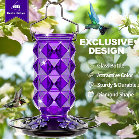 Glass Hummingbird Feeders for Outdoors, 25 Ounces Wild Bird Nectar Feeder with Perch & 5 Flower Feeding Ports Leak Proof Hanging for Garden Backyard Decor, Gifts for Women Mom, Purple