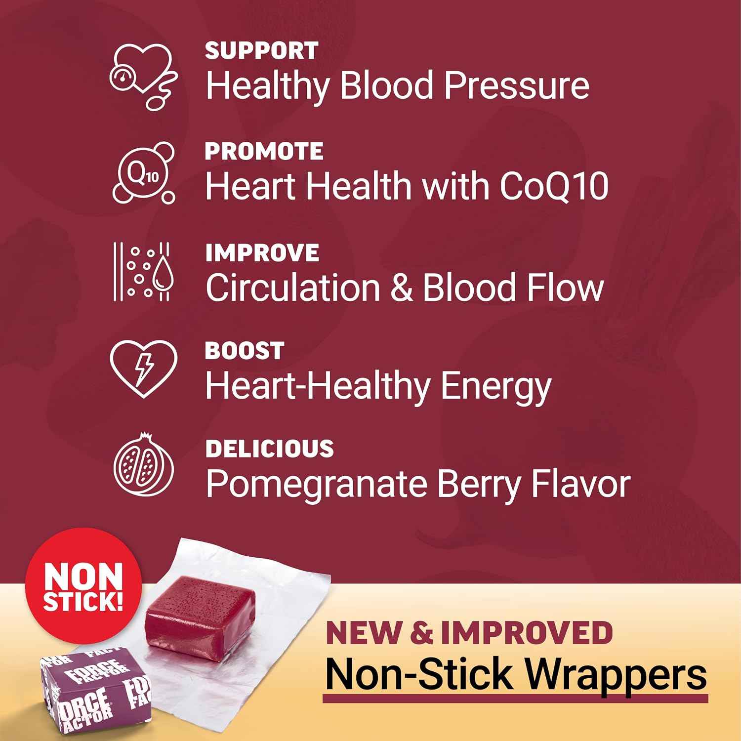 Force Factor Total Beets Ultimate Heart Health for Blood Pressure Support | with Beet Root Powder, CoQ10 for Nitric Oxide & Energy, Clinically Studied Ingredients, Pomegranate Berry, 60 Soft Chews