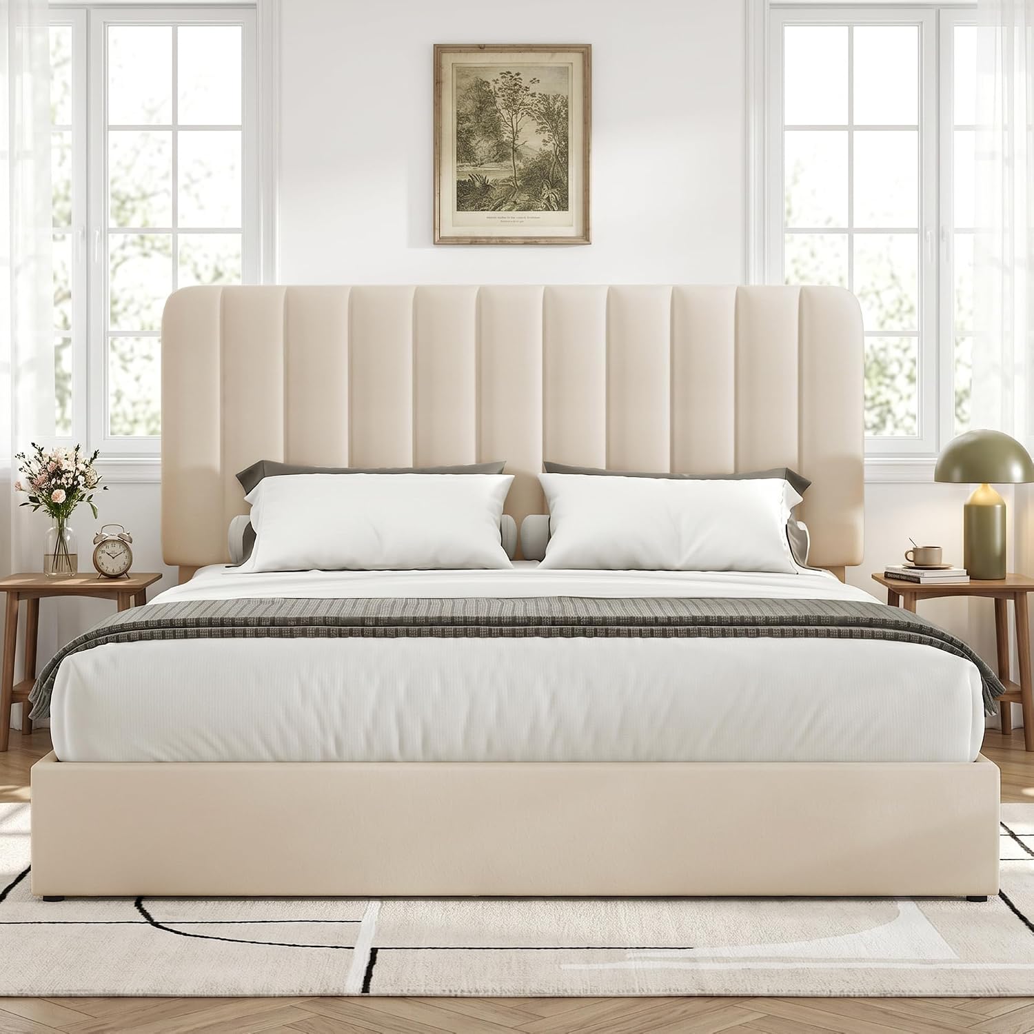 VECELO Full Size Upholstered Bed Frame with 4 Drawers and Headboard, Velvet Platform Storage Bedframe, Wooden Slats Support, No Box Spring Needed,Beige