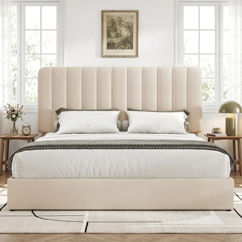 VECELO Full Size Upholstered Bed Frame with 4 Drawers and Headboard, Velvet Platform Storage Bedframe, Wooden Slats Support, No Box Spring Needed,Beige