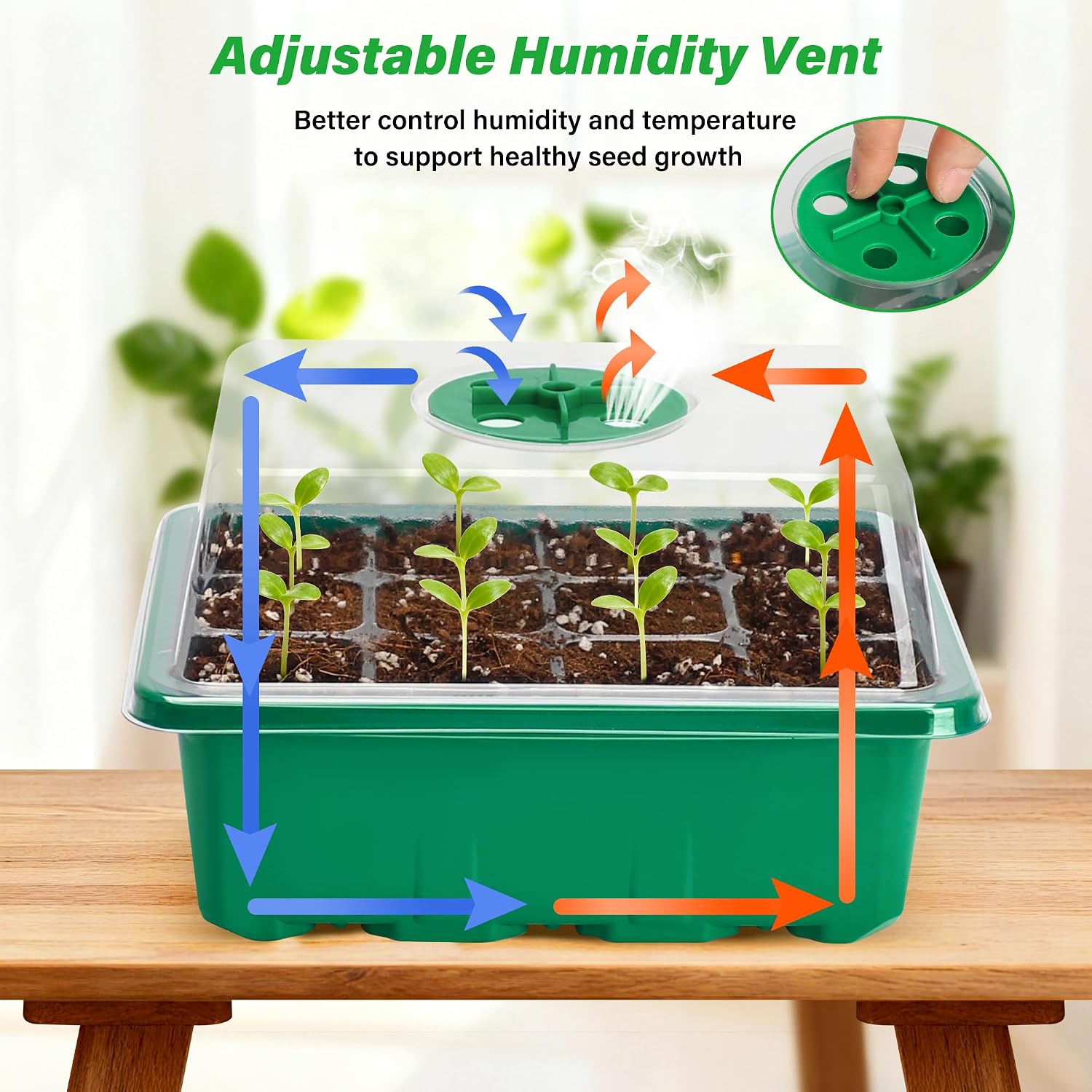 Bonviee 5-Pack Seed Starter Trays, Humidity Dome, Base, 12-Cell Tray, Green