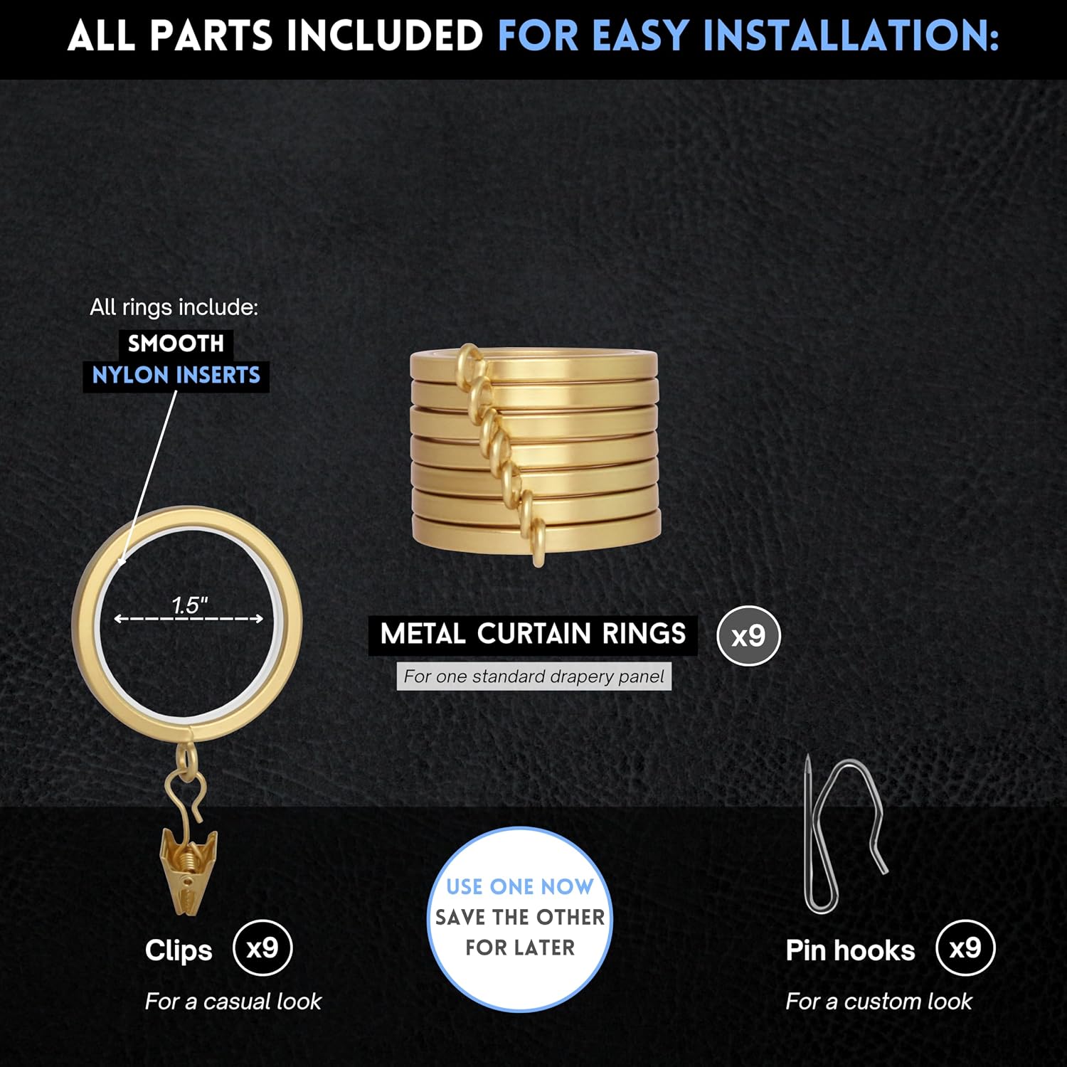 BlastHome® Luxury Smooth Glide Curtain Rings, 9 Pack, Brushed Gold