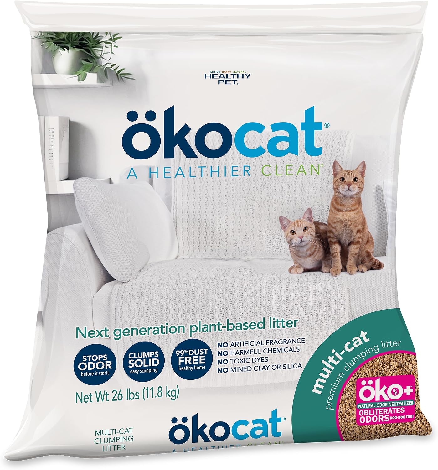 ökocat Multi-Cat Natural Wood Clumping Cat Litter, Odor Control, 26 Lbs