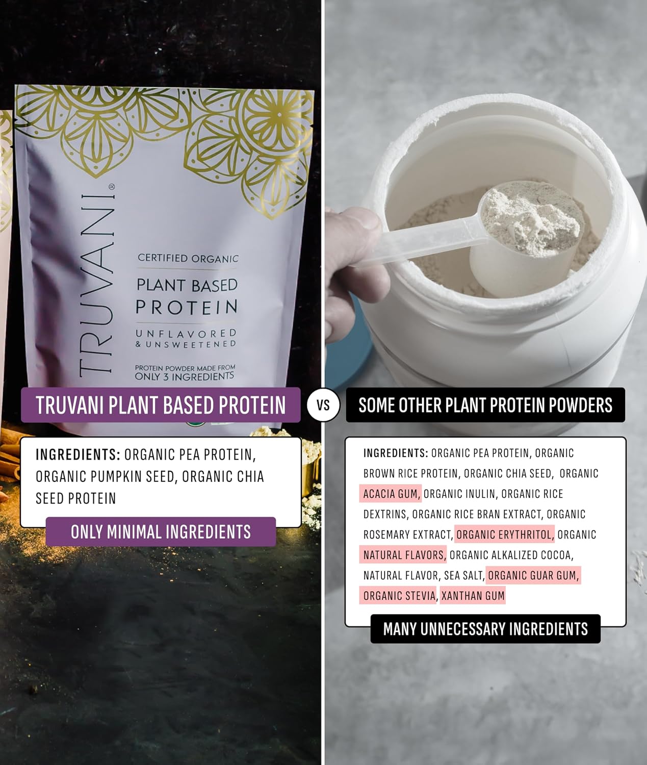 Truvani Organic Plant Based Protein Powder | Unflavored | 20 Servings