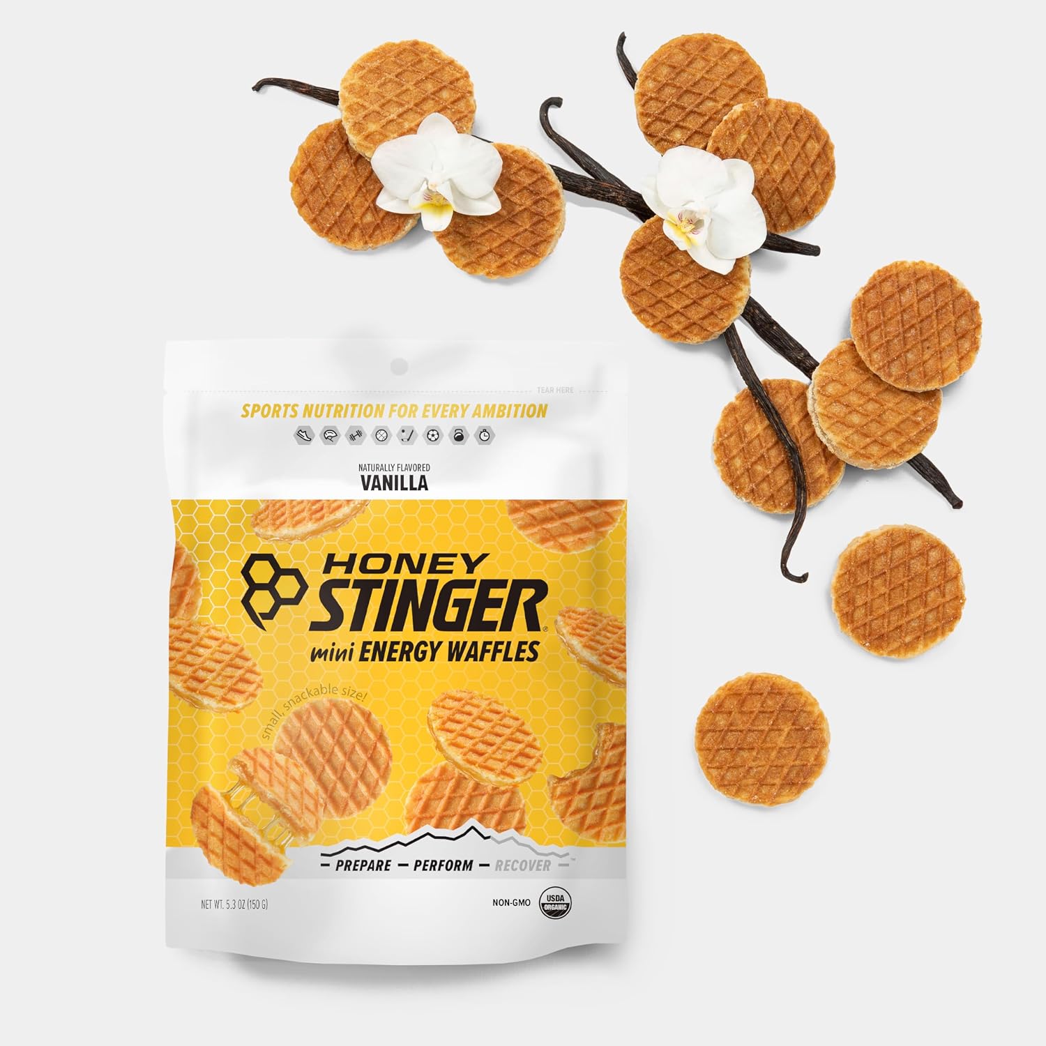 Honey Stinger Organic Mini Vanilla Waffles, Energy Stroopwafel for Exercise, Endurance and Performance, Sports Nutrition for Home & Gym, Pre and Post Workout, 5 Bags, 26.5 Ounces