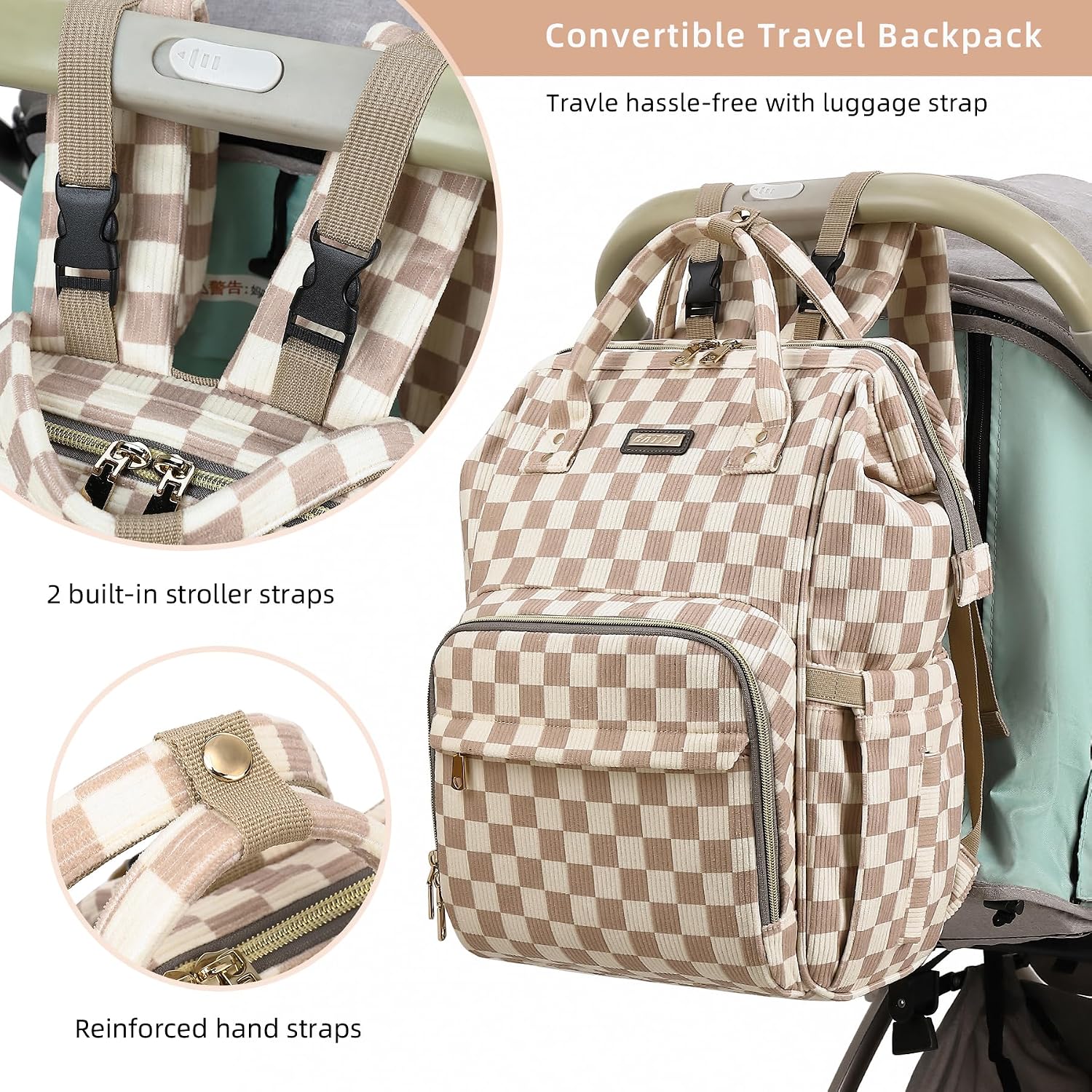 GAIVP Baby Diaper Bag Backpack for Mom, Large Capacity Travel Nappy Bag for Boys & Girls with Stroller Straps,Insulated Pockets (Corduroy Checkered Brown)