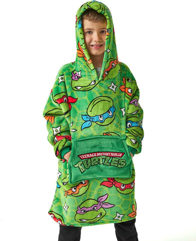 Teenage Mutant Ninja Turtles Boys Wearable Hooded Blanket | Green All Over Print Fleece Hoodie | Pullover Cartoon Loungewear