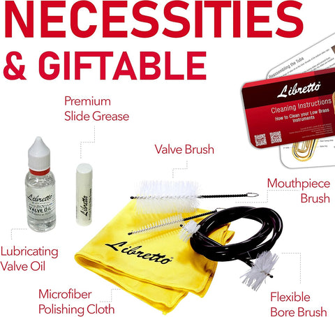 Libretto Low Brass ALL-INCLUSIVE Cleaning Kit with Instructions: Valve Oil + Slide Grease + Cleaning Cloth + Mouthpiece/Valve/Bore Brushes. A Great Gift for Tuba, Euphonium, Baritone, Sousaphone &More