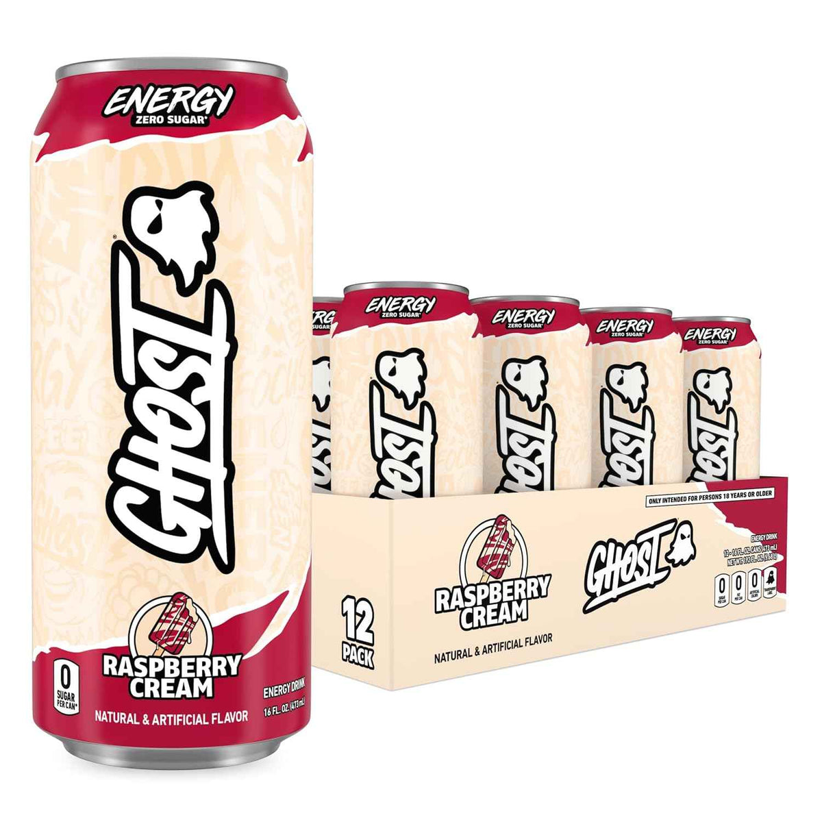 GHOST Energy Drink, Zero Sugars, 12-Pack, Raspberry Cream, 16oz