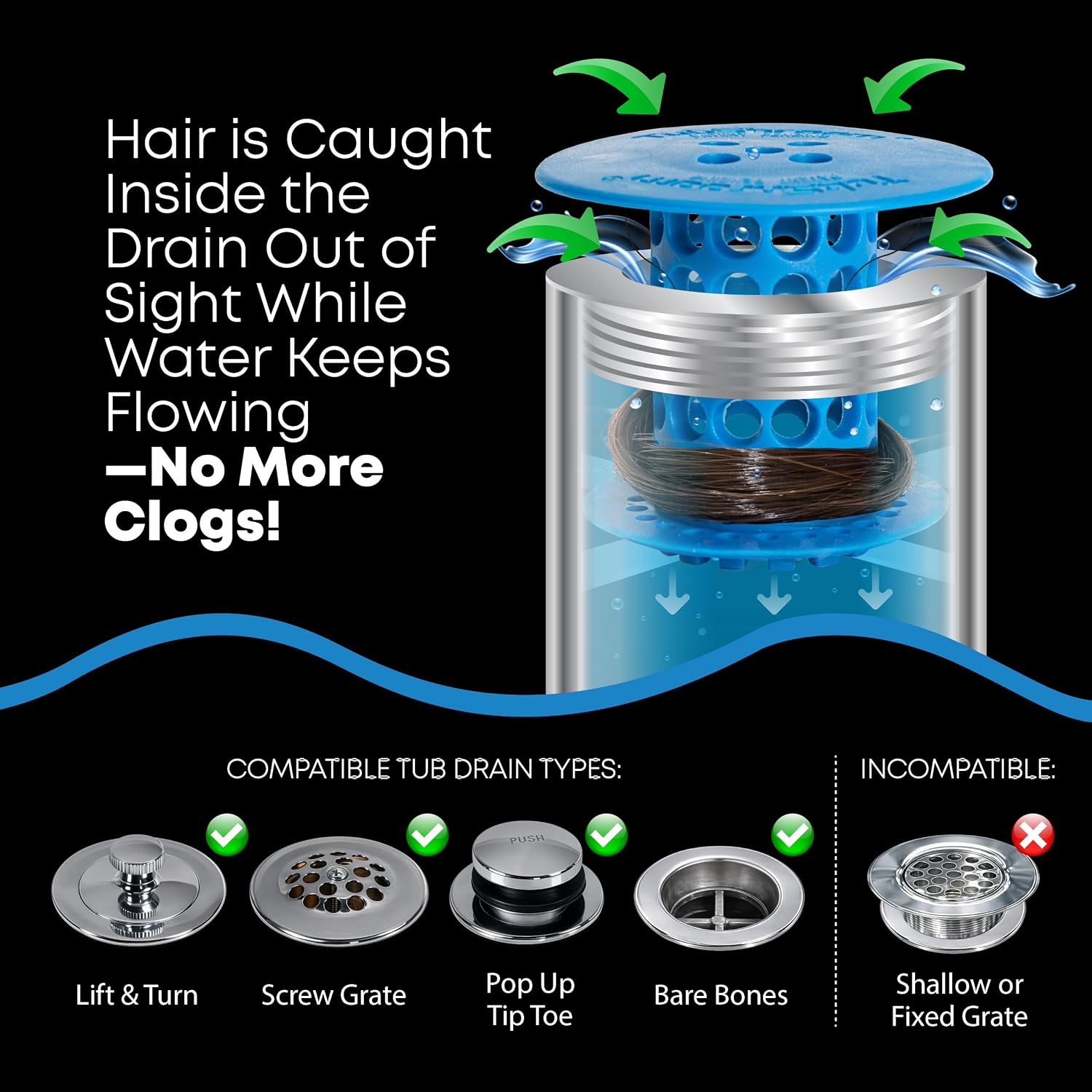 TubShroom Bathtub Drain Hair Catcher – In-Drain Tub Strainer & Clog Prevention Protector, Fits Standard 1.4”–1.75” Tub Drains, Easy Clean, Captures Human & Pet Hair out of Sight (Blue)