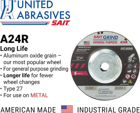 United Abrasives-SAIT 20076 A24R General Purpose/Long Life Grinding Wheel (Type 27/Depressed Center) 6" x 1/4" x 5/8-11", 10-Pack