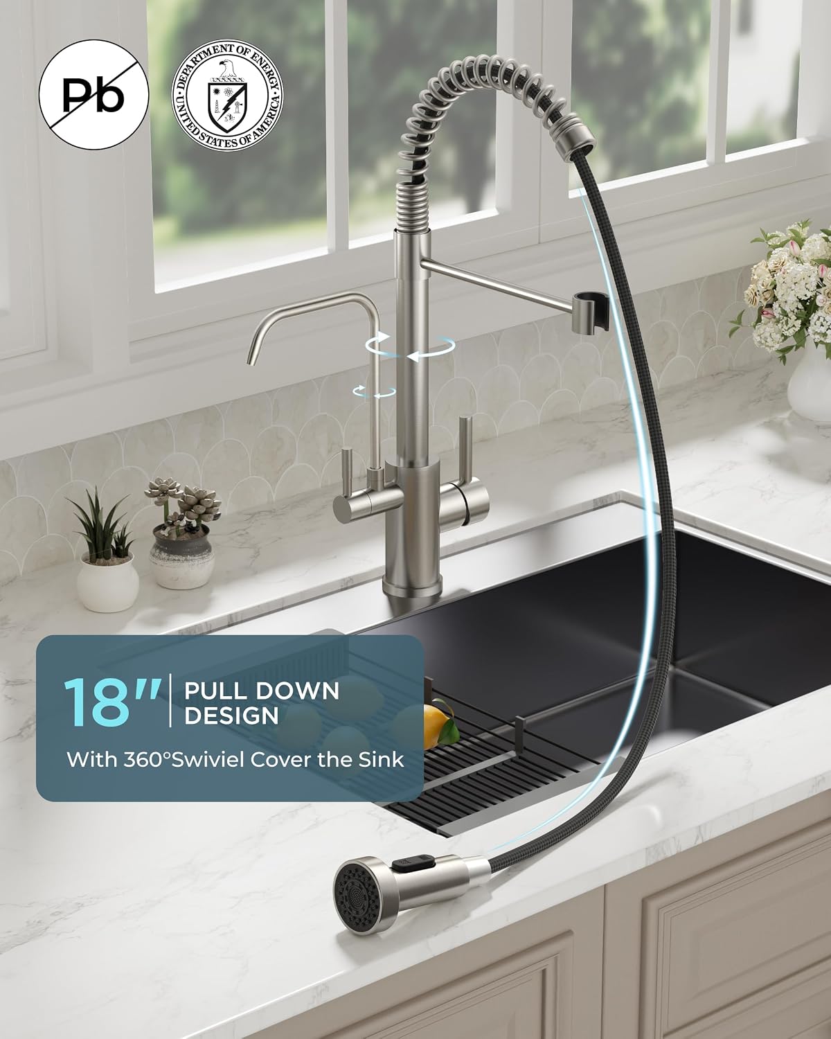 FORIOUS Kitchen Faucet with Purfied Water Filter, 2 Handle, Brushed Nickel