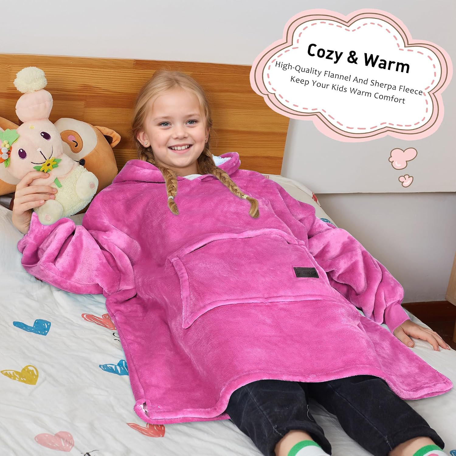 Solaris Oversized Wearable Blanket Hoodie for Kids, Warm Soft Kids Gift, Super Cozy Sherpa Fleece Hoodie Sweatshirt Pullover for Teens, Girls, Boys, Hot Pink