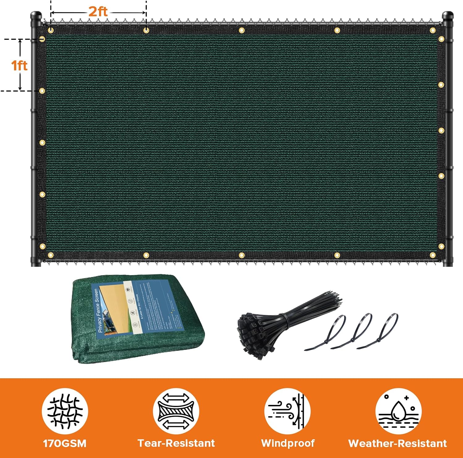 3'X10' Fence Privacy Screen Heavy Duty 170 GSM Windscreen & Dustproof Fabric Privacy Screen Covering Mesh Fencing for Outdoor Patio, Balcony, Pool Deck, Dark Green
