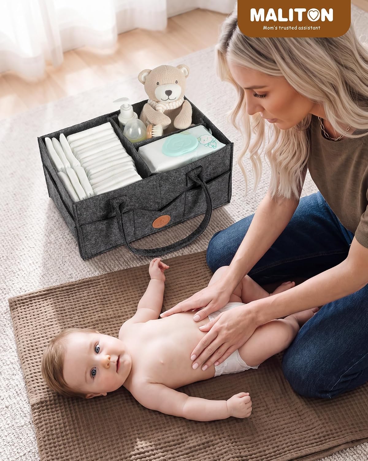 Maliton Felt Diaper Caddy Organizer for Changing Table - Large, Dark Grey