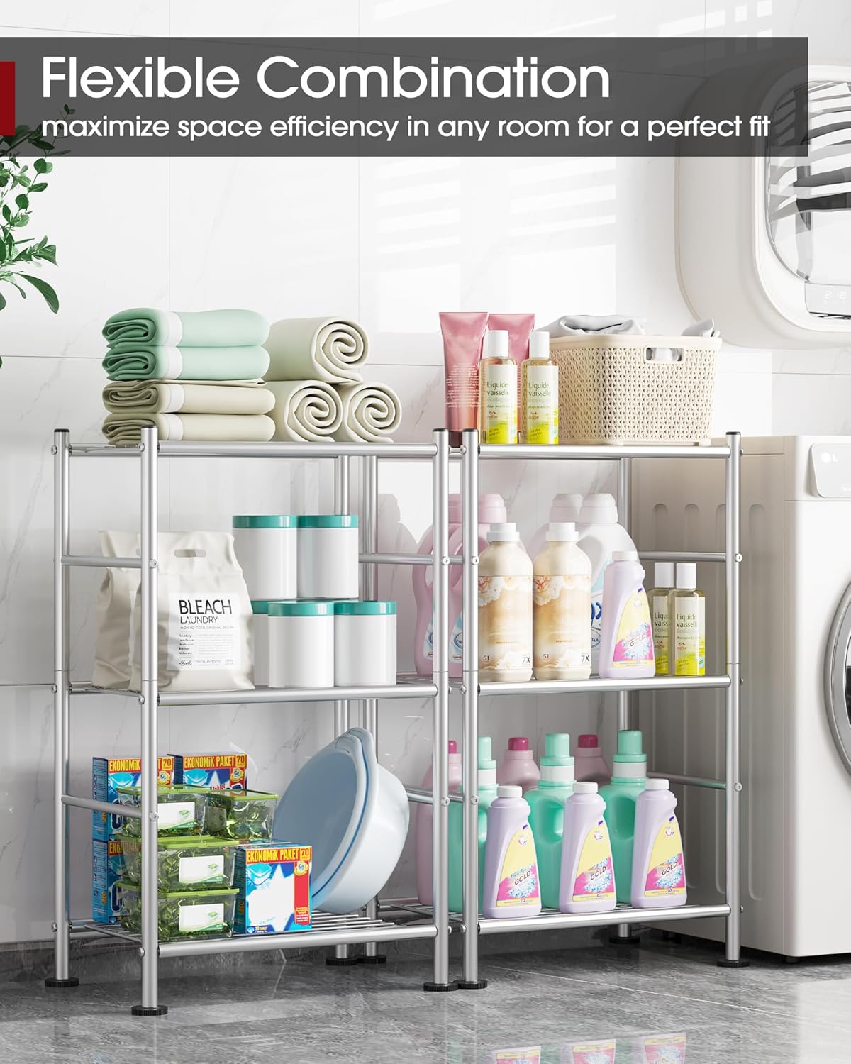Sakugi Storage Shelves - 3 Tier Shelf Organizer, Sturdy Metal Shelving with Adjustable Leveling Feet, Space-Saving Shelves Organizer for Pantry, Laundry, Kitchen (18" x 12" x 30", Silver)
