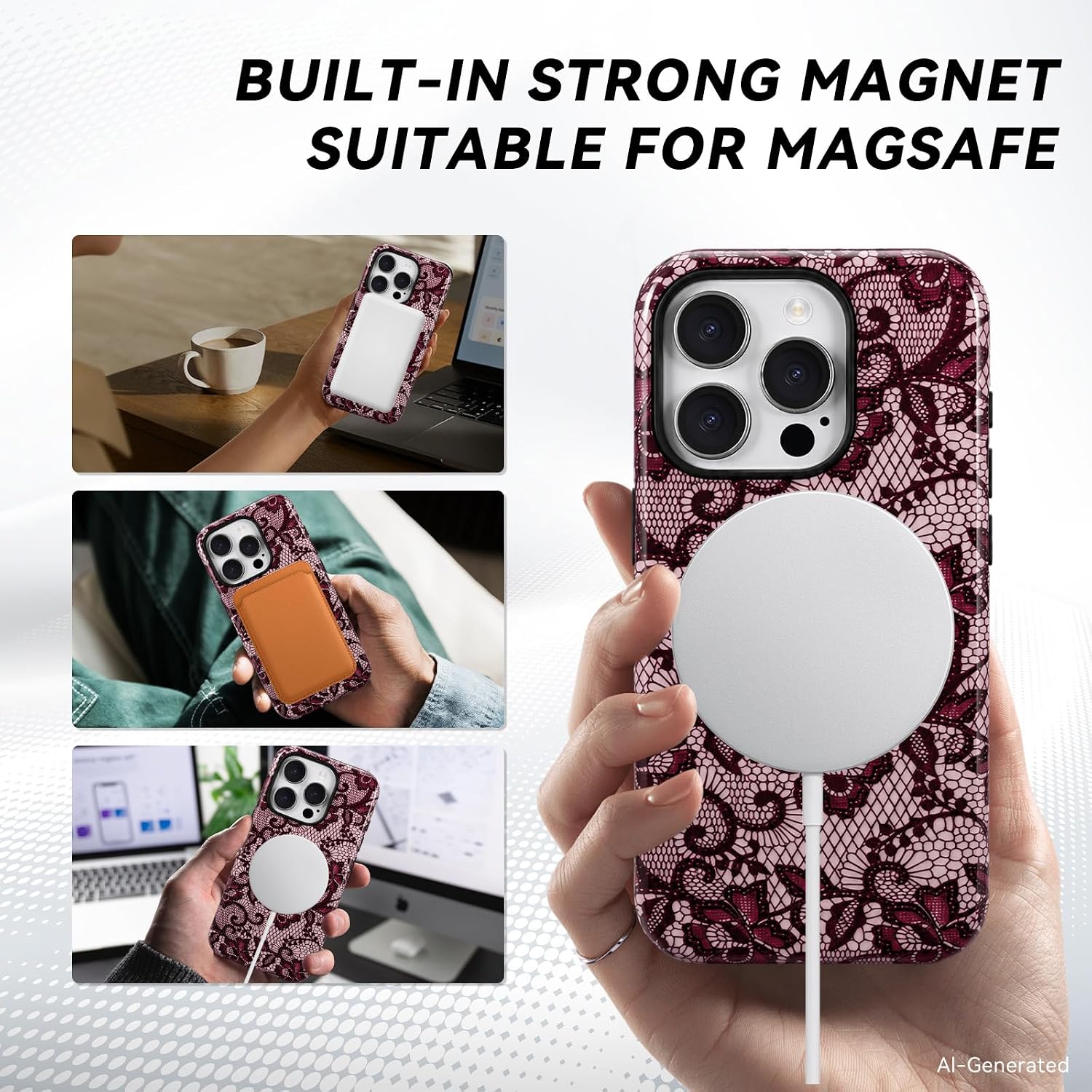 for iPhone 15 Pro Case - Wireless Charging for MagSafe, Dual-Layer Design (Hard PC Shell, Soft TPU Lining), Shockproof Protective Case for Women - Red & Gold Lace Print