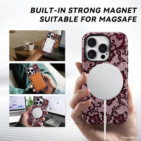 for iPhone 15 Pro Case - Wireless Charging for MagSafe, Dual-Layer Design (Hard PC Shell, Soft TPU Lining), Shockproof Protective Case for Women - Red & Gold Lace Print